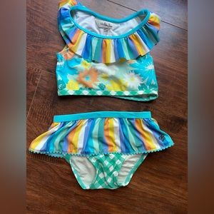 Matilda Jane The Luau 2 Pc Ruffle Bikini Stripe Floral Size 18 to 24 months.